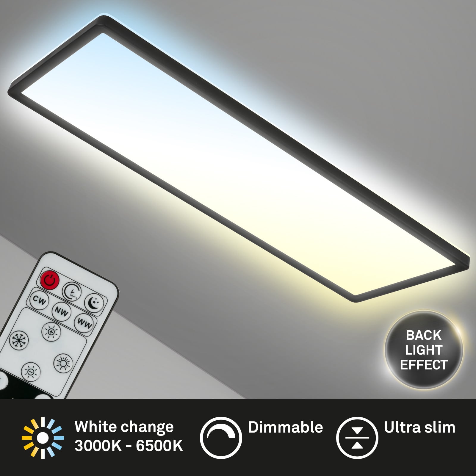 LED-panel Slim svart ultratynt CCT dimbar 59x20 cm - Briloner