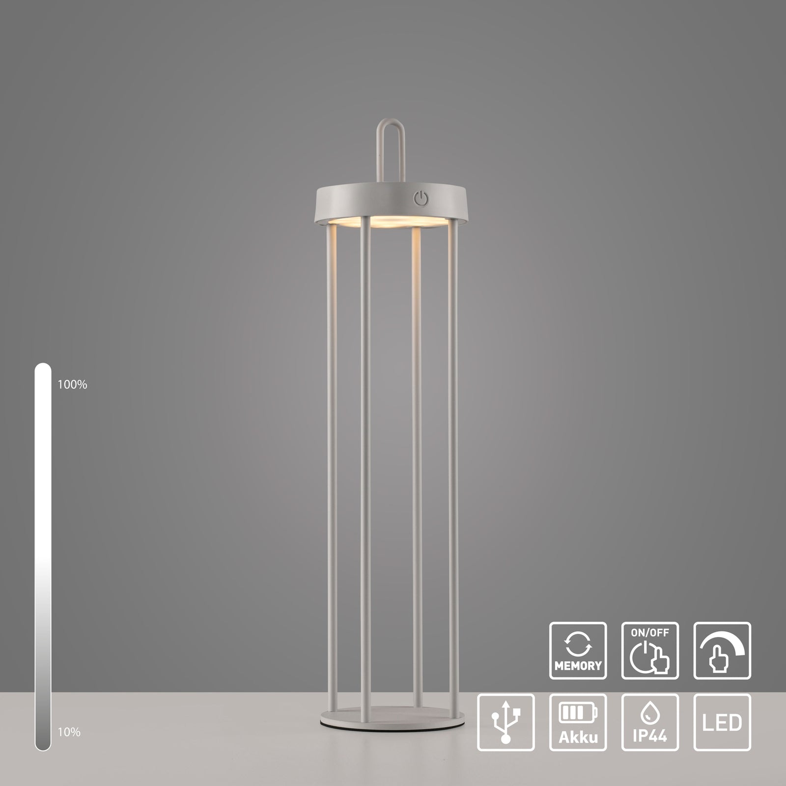 LED oppladbar bordlampe Anselm lanterneform grå-beige IP44 - JUST LIGHT.