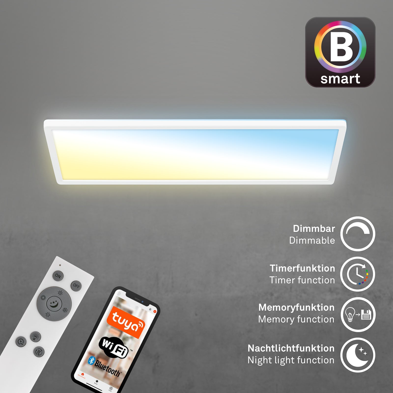 Smart LED-taklampe Tava 58x20 cm CCT dimbar med fjernkontroll - Briloner