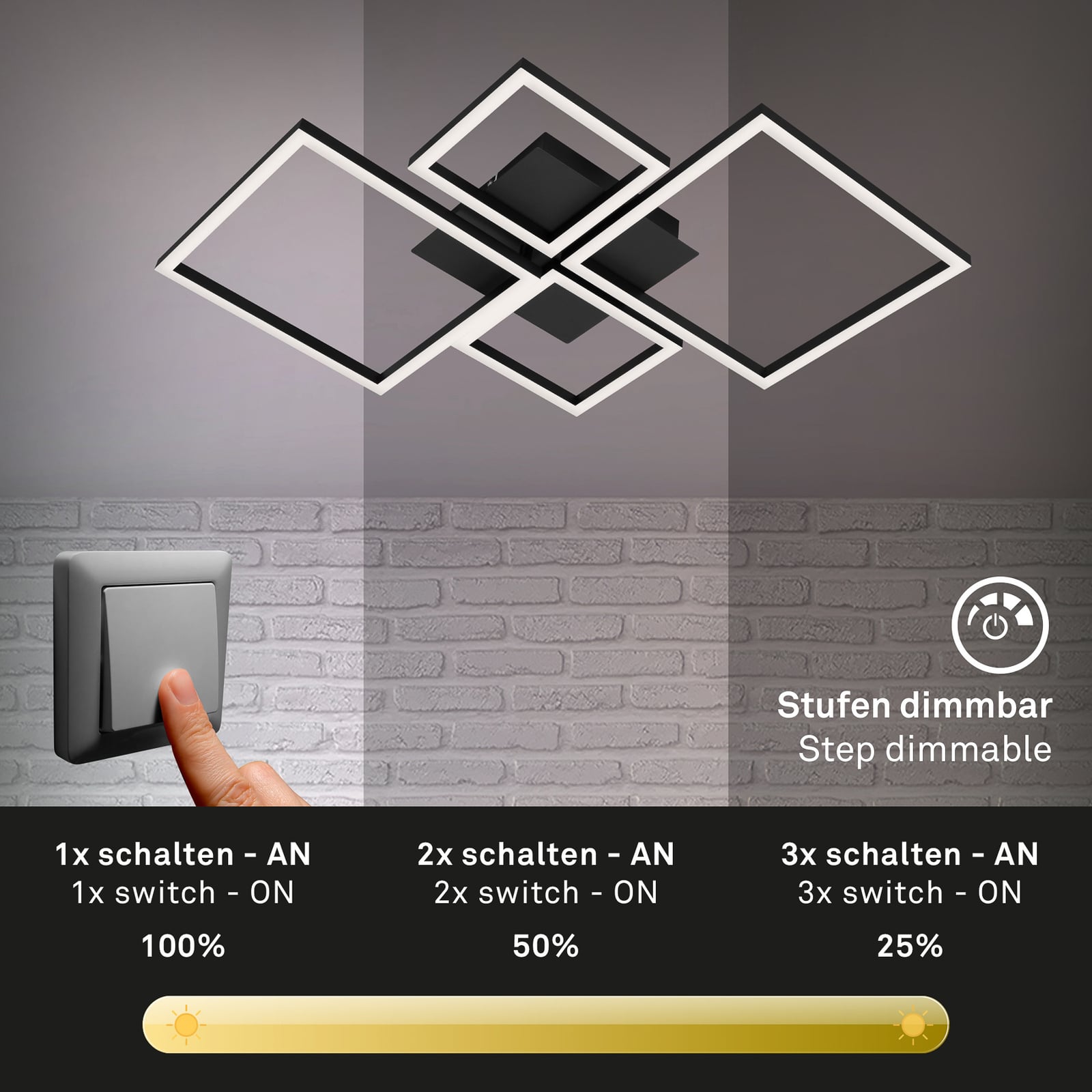 LED taklampe Frame 4-lys step-dim svart 75x47 cm - Briloner