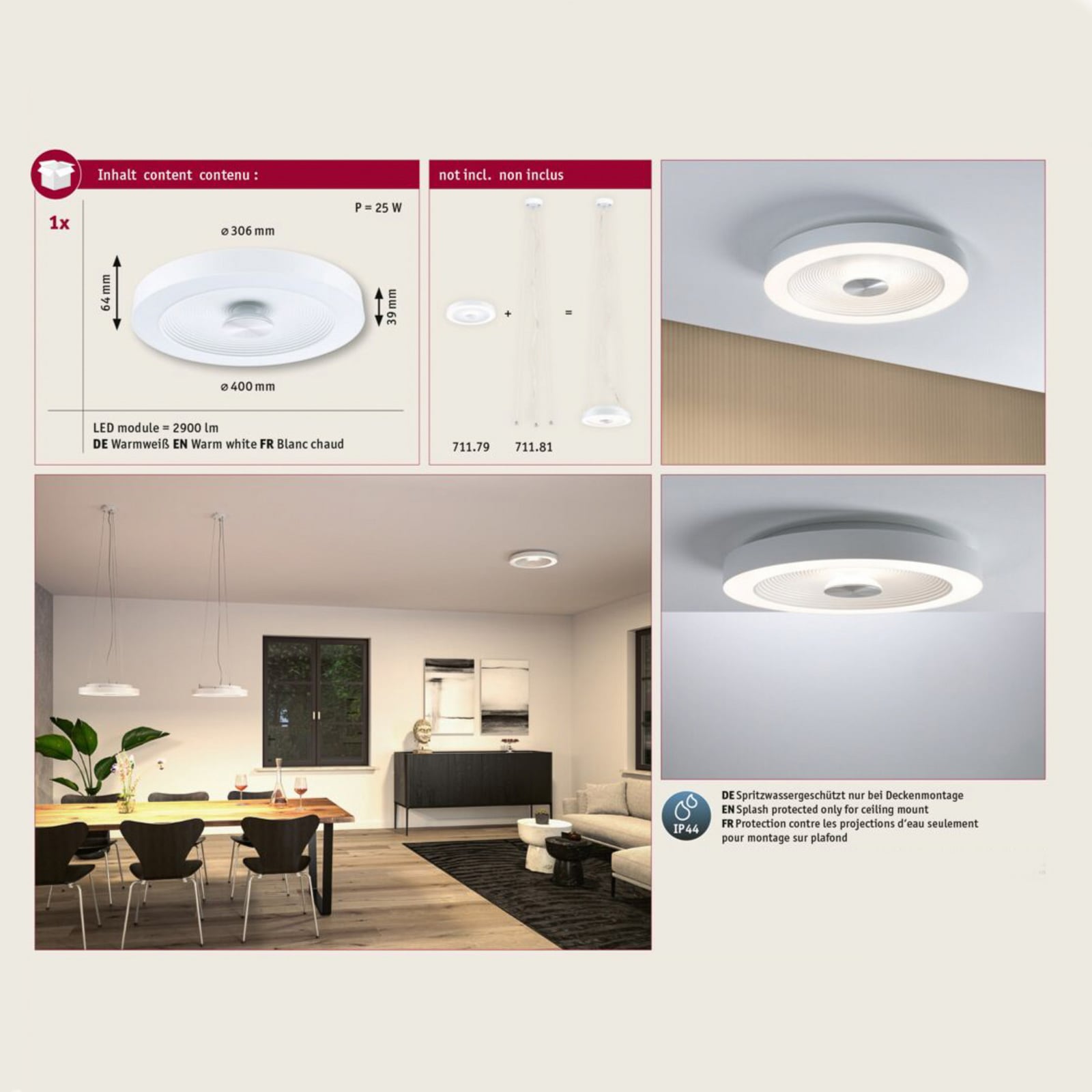 LED taklampe Volea dimbar hvit/sølv Ø40 cm IP44 - Paulmann