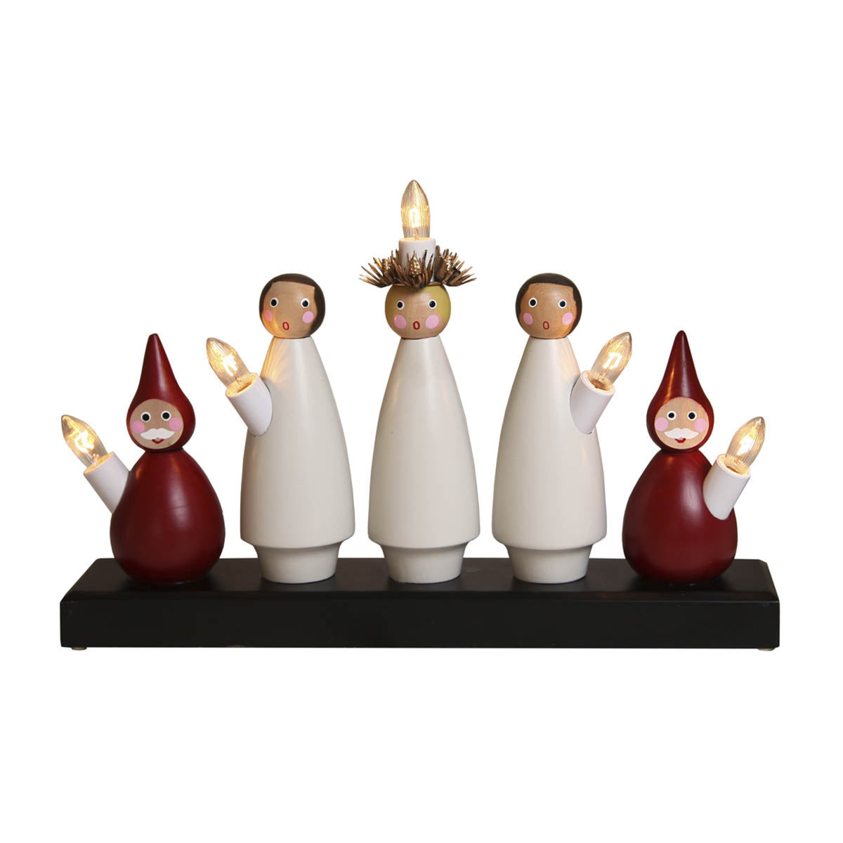 Lucia-figurer på Adventsstake Luciakor 5 lys tre svart/rød
