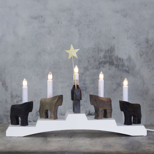 Adventsstake Staffans fålar 5 lys tre hvit/brun 45 cm bakside