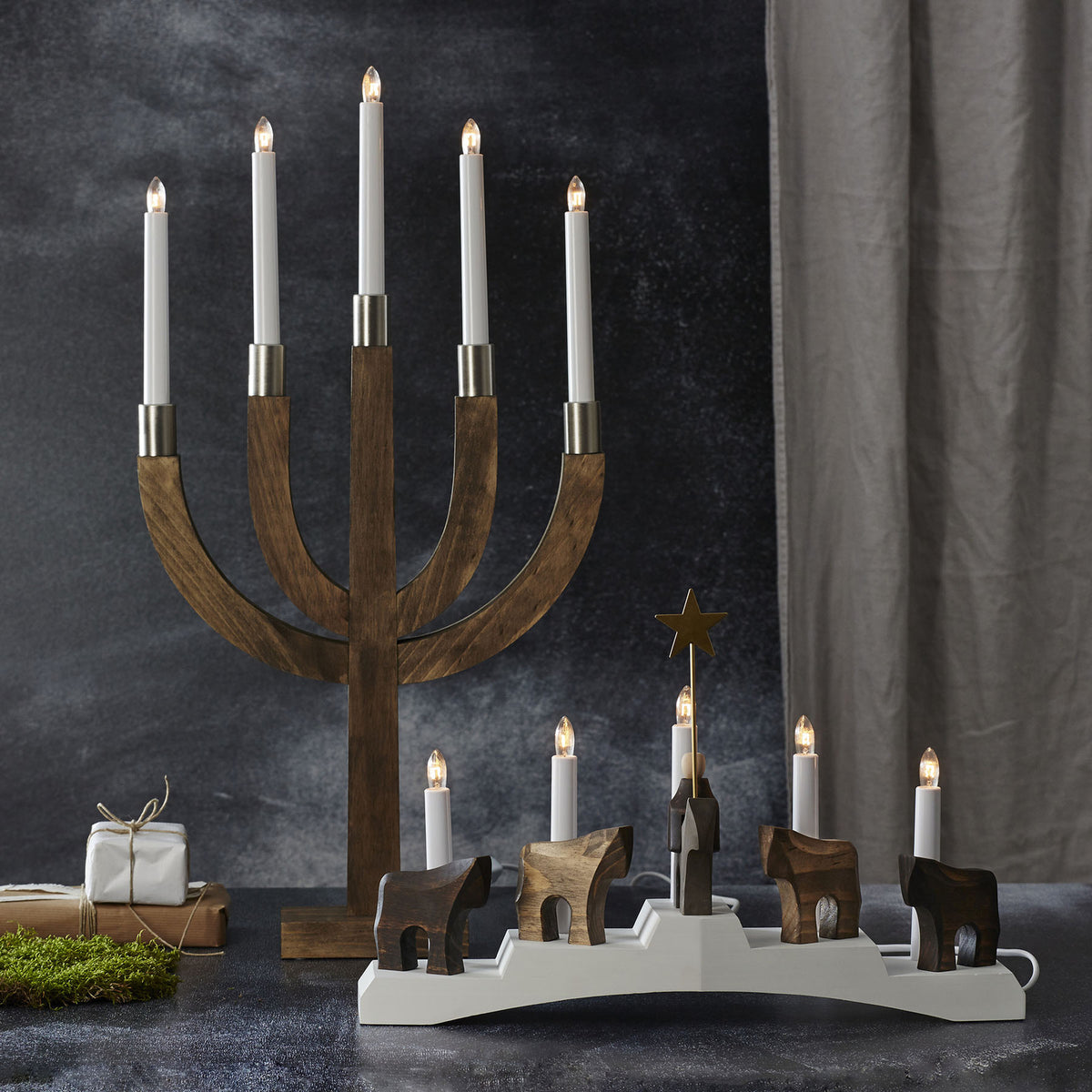 Adventsstake Staffans fålar 5 lys tre hvit/brun 45 cm detaljbilde