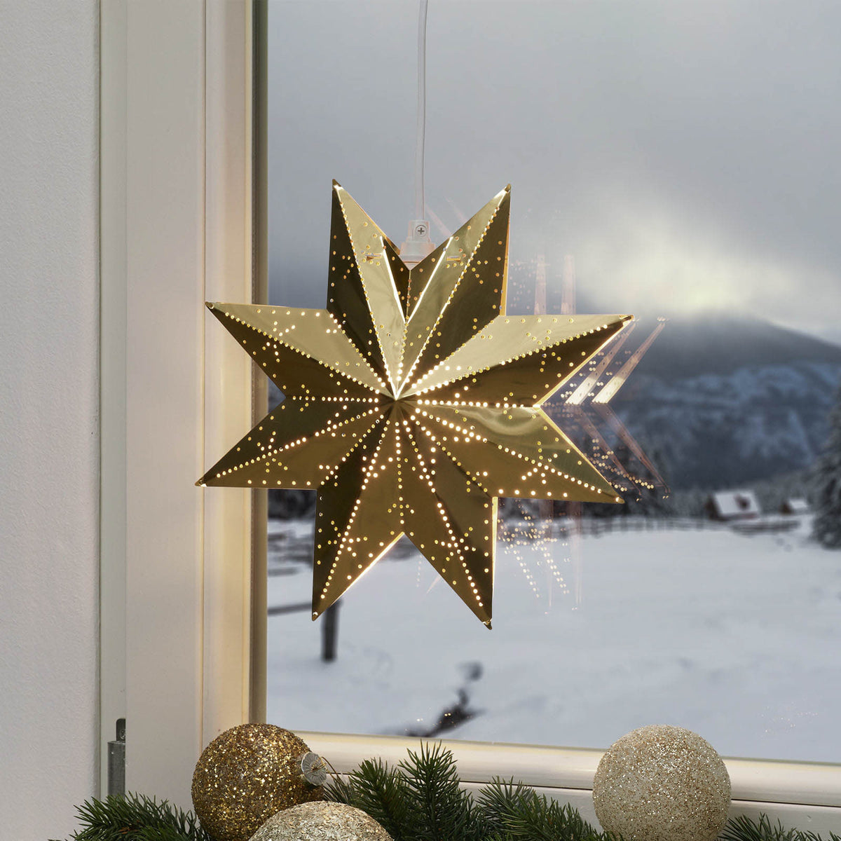 Ambiancebilde med Adventsstjerne perforert metall messing Ø28 cm E14 - STAR TRADING