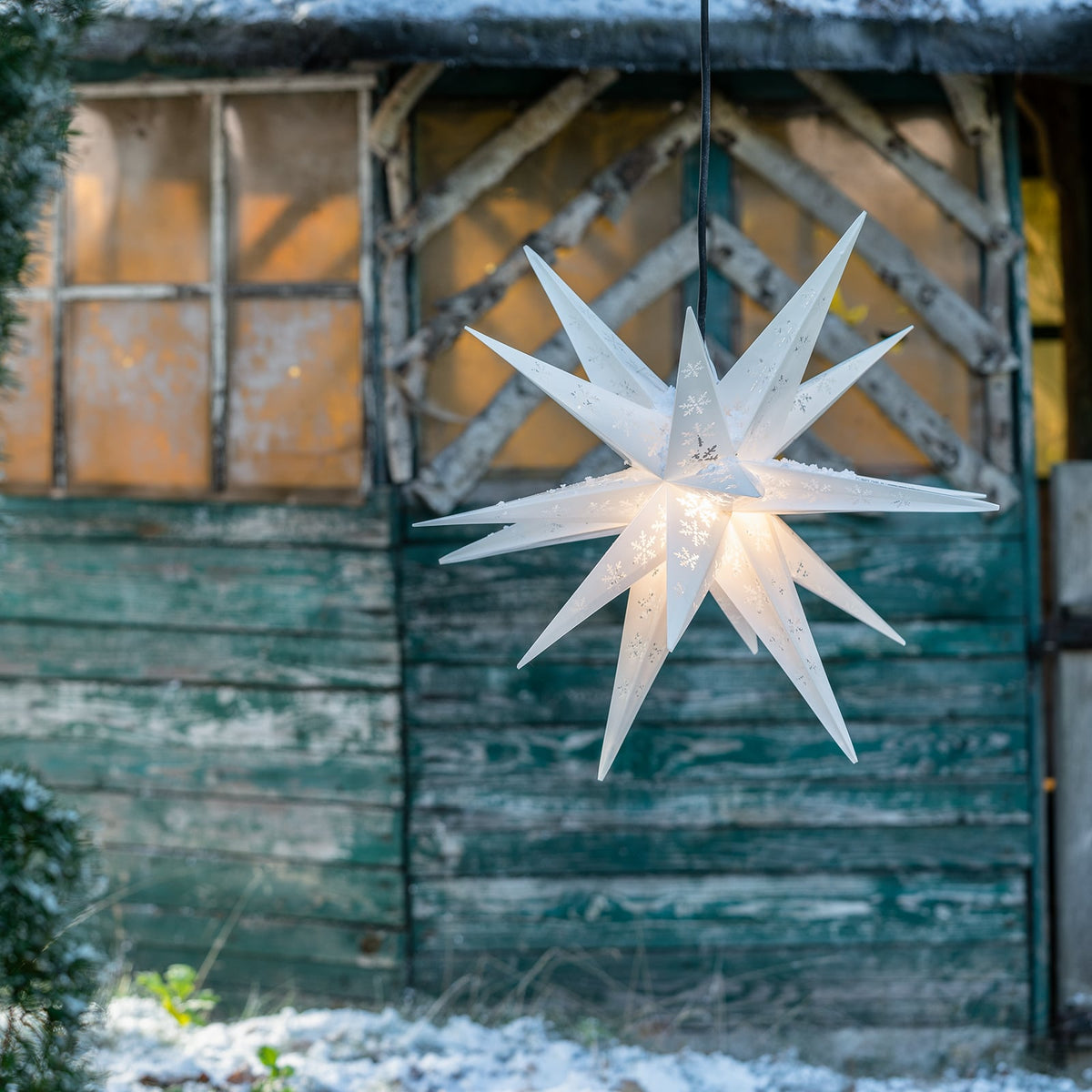Adventsstjerne snøfnugg hvit Ø55 cm 18 takker IP44 bakside