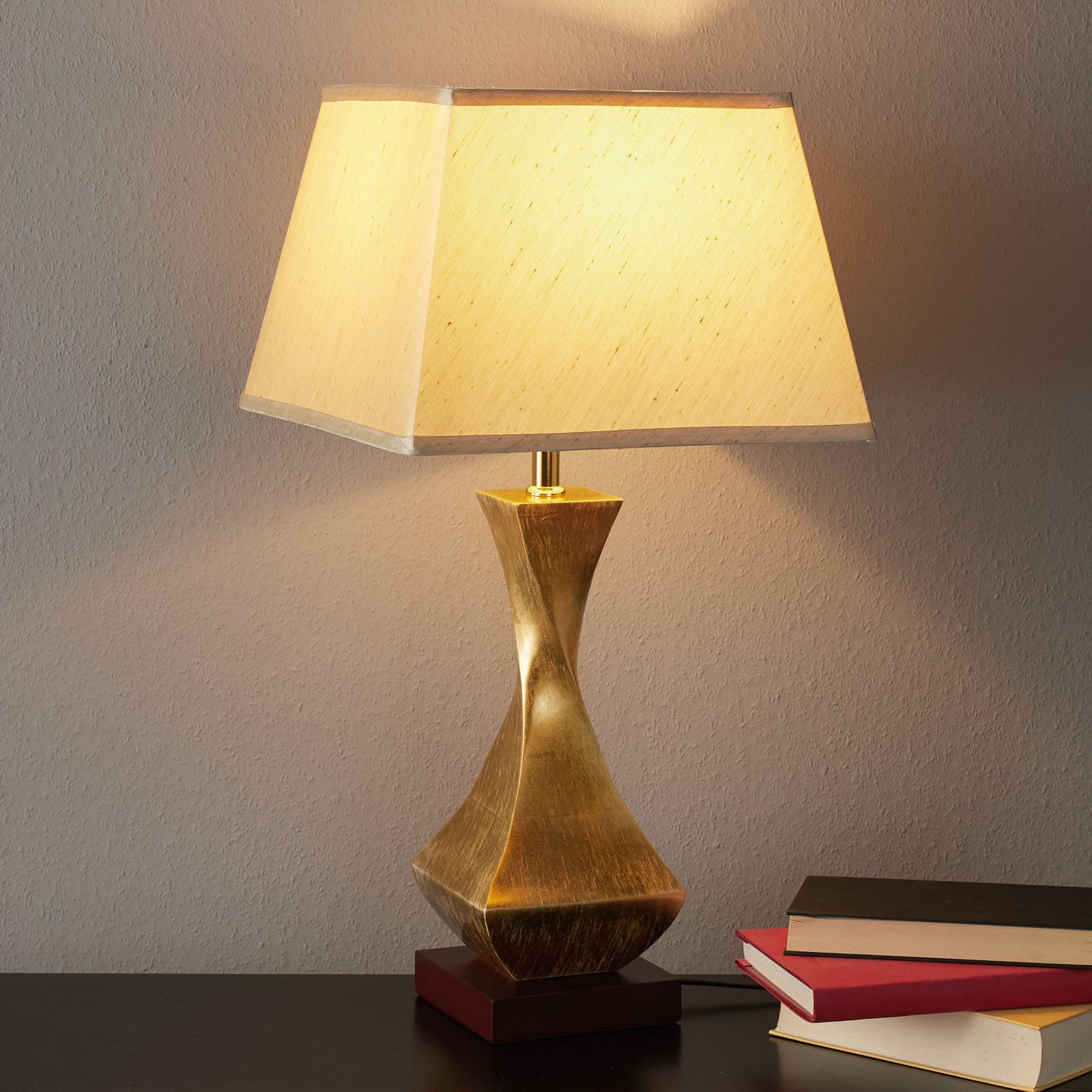 Bordlampe Deco tekstilskjerm valnøtt og gull 64 cm forfra