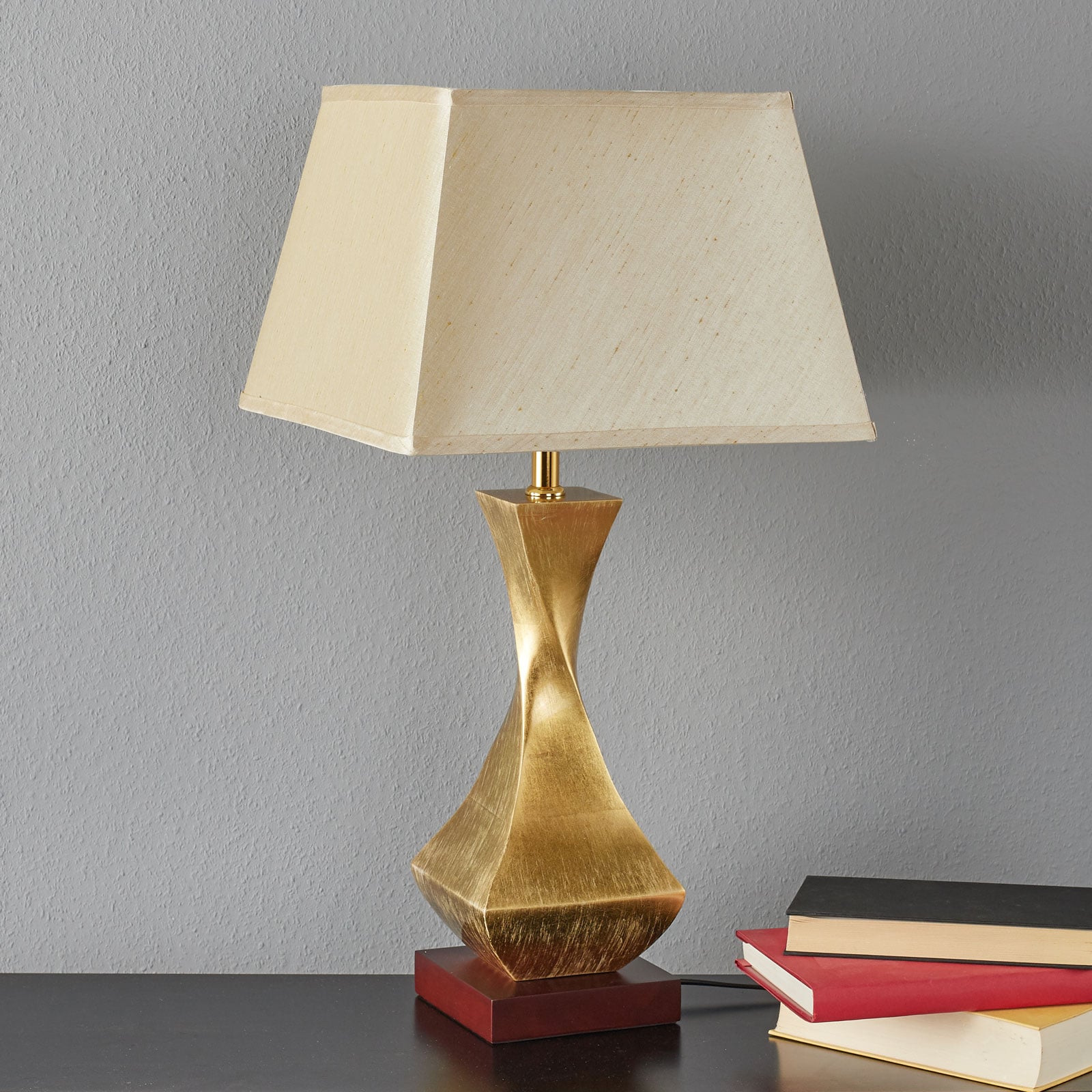 Bordlampe Deco tekstilskjerm valnøtt og gull 64 cm bakside