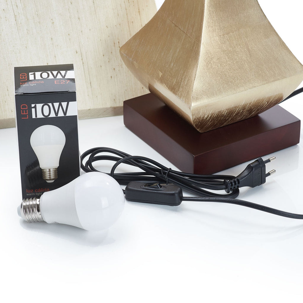 Bordlampe Deco tekstilskjerm valnøtt og gull 64 cm sideprofil
