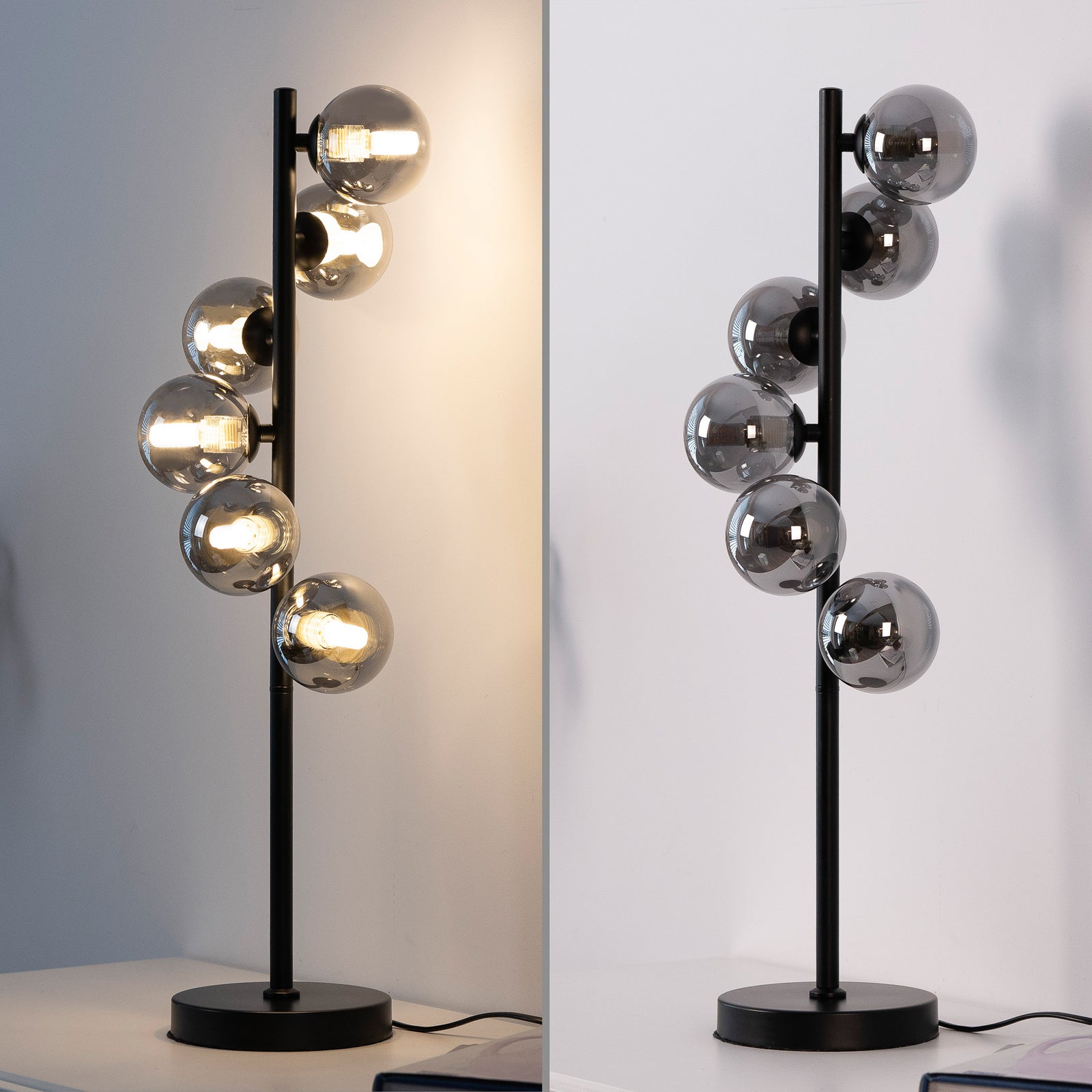 Bordlampe Dubai 6-lys røykglass kuleform G9 med av/på-bryter på kabel