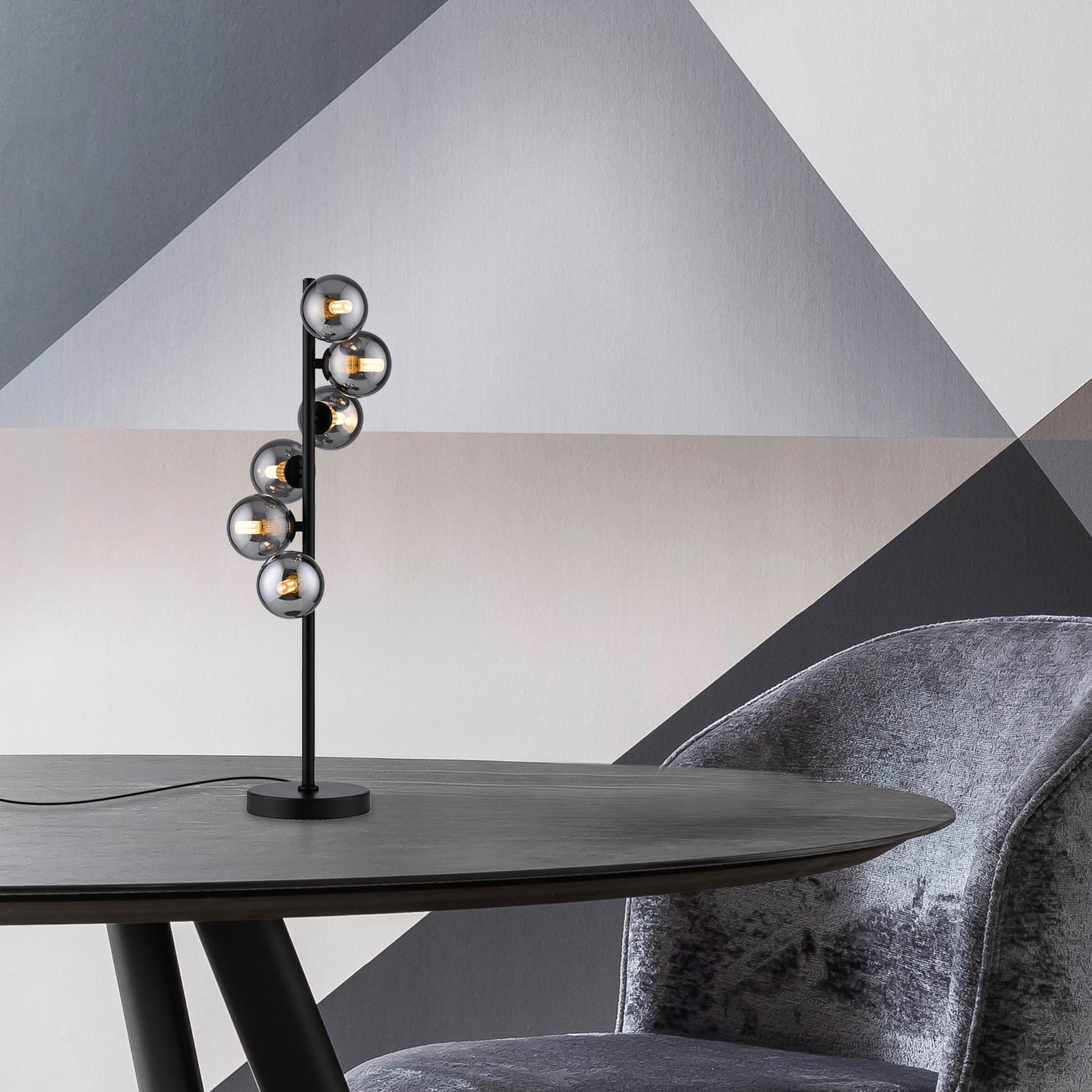 Bordlampe Dubai 6-lys røykglass kuleform G9 bakside