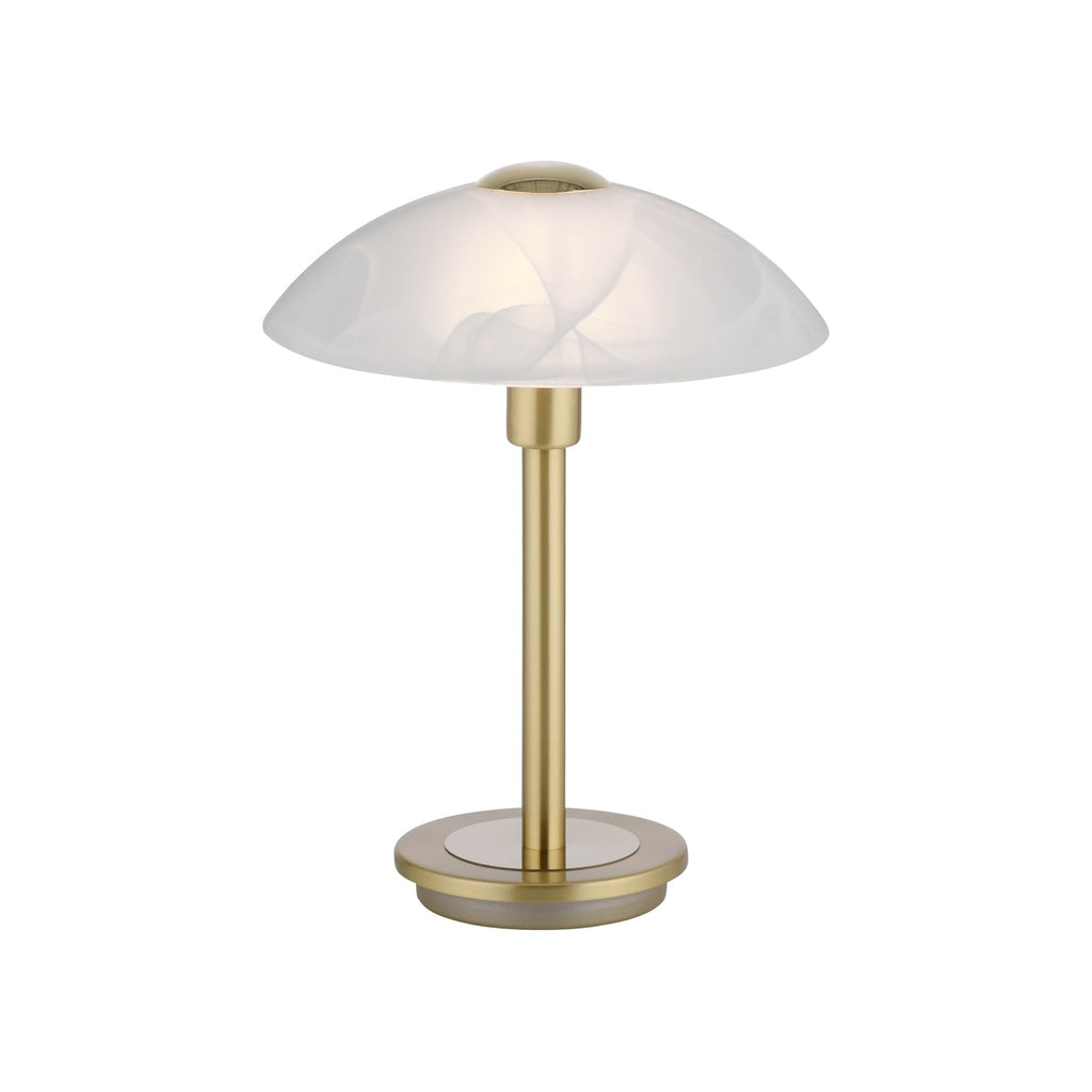 Bordlampe Enova opalglass dimbar matt messing Ø20 cm forfra