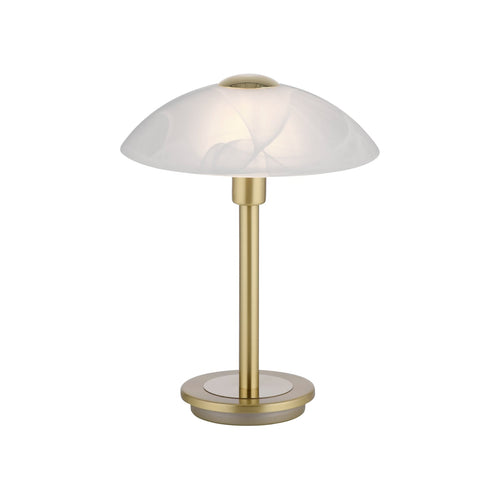 Bordlampe Enova opalglass dimbar matt messing Ø20 cm forfra