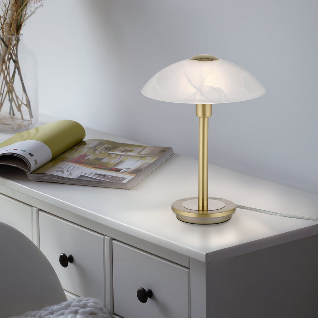 Bordlampe Enova opalglass dimbar matt messing Ø20 cm bakside