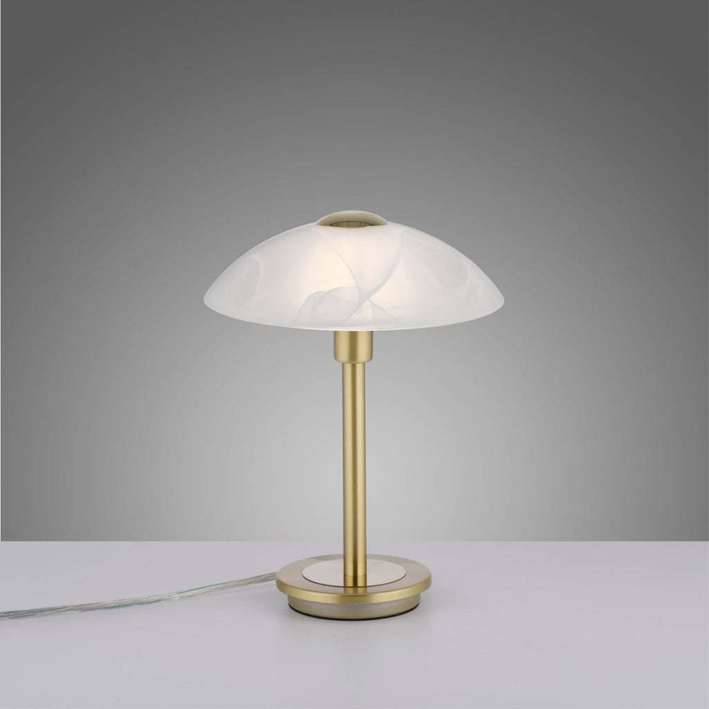 Bordlampe Enova opalglass dimbar matt messing Ø20 cm montert på bord