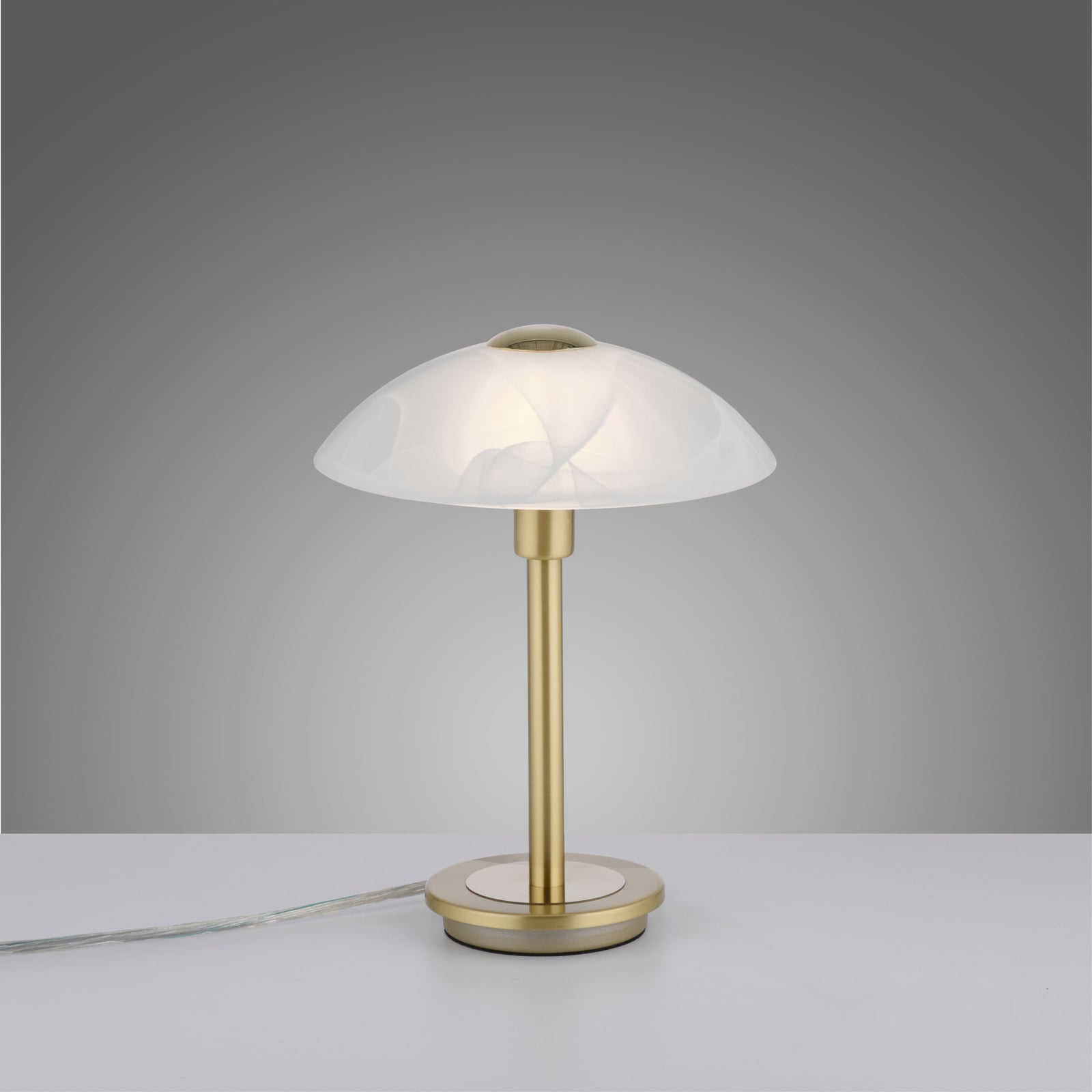 Bordlampe Enova opalglass dimbar matt messing Ø20 cm montert på bord