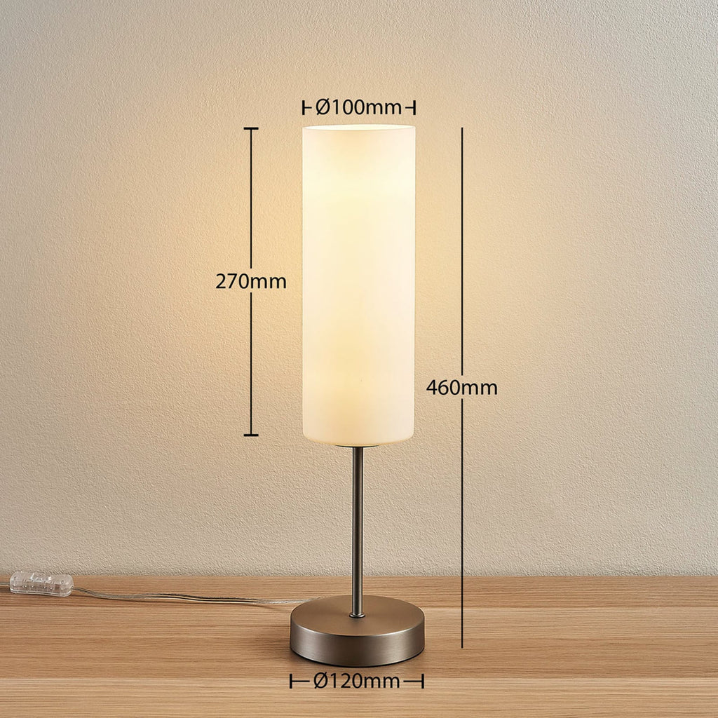 Bordlampe Felice sylinderformet glass matt nikkel detalj