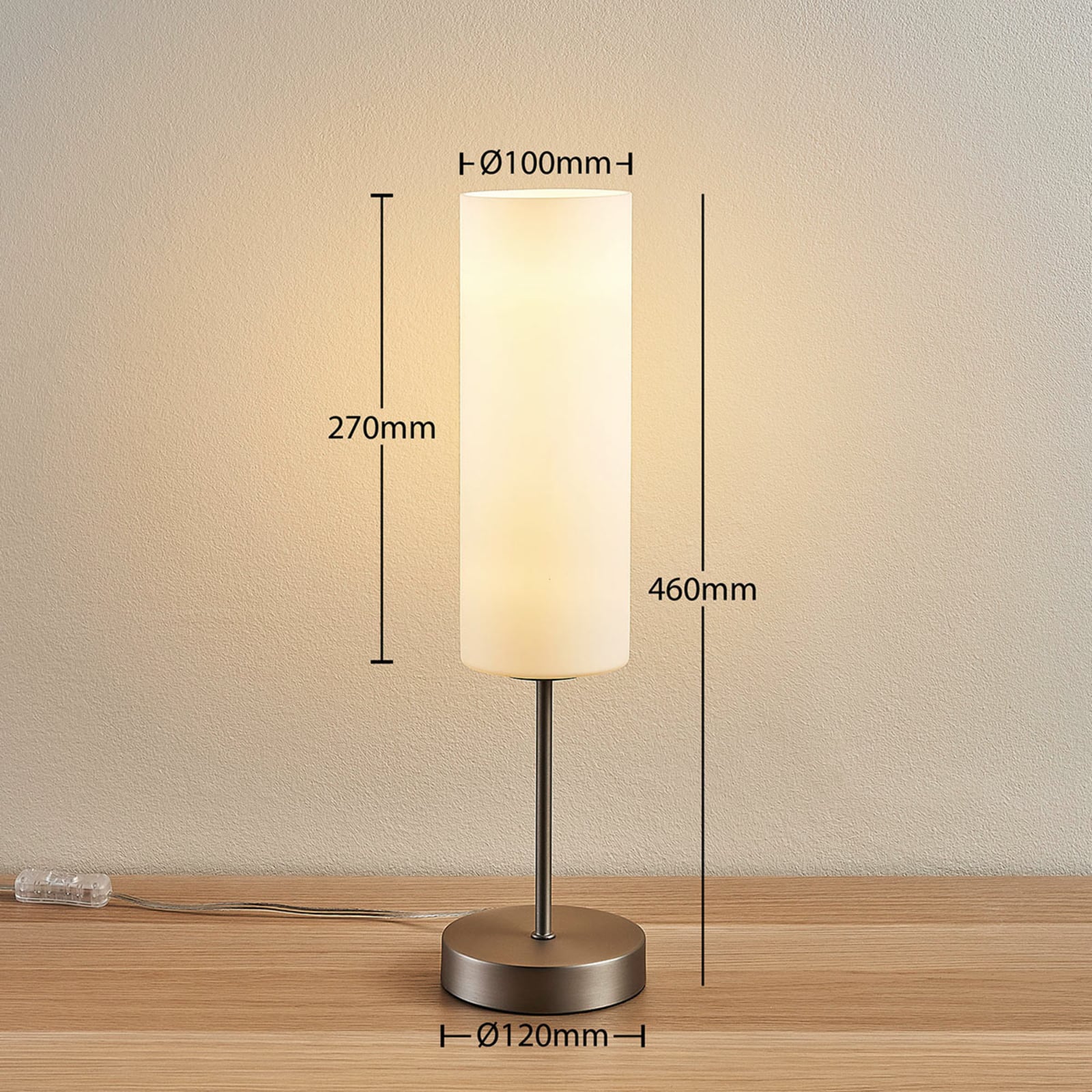 Bordlampe Felice sylinderformet glass matt nikkel detalj