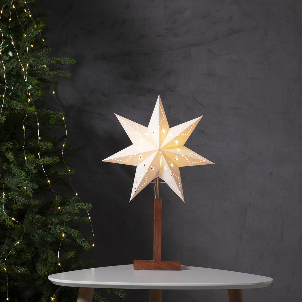 Bordlampe julestjerne papir og akasietre 55 cm hvit bakside