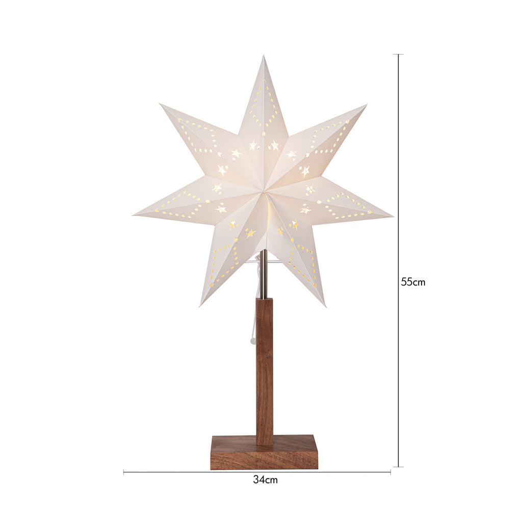 Bordlampe julestjerne papir og akasietre 55 cm hvit nærbilde av akasietre fot
