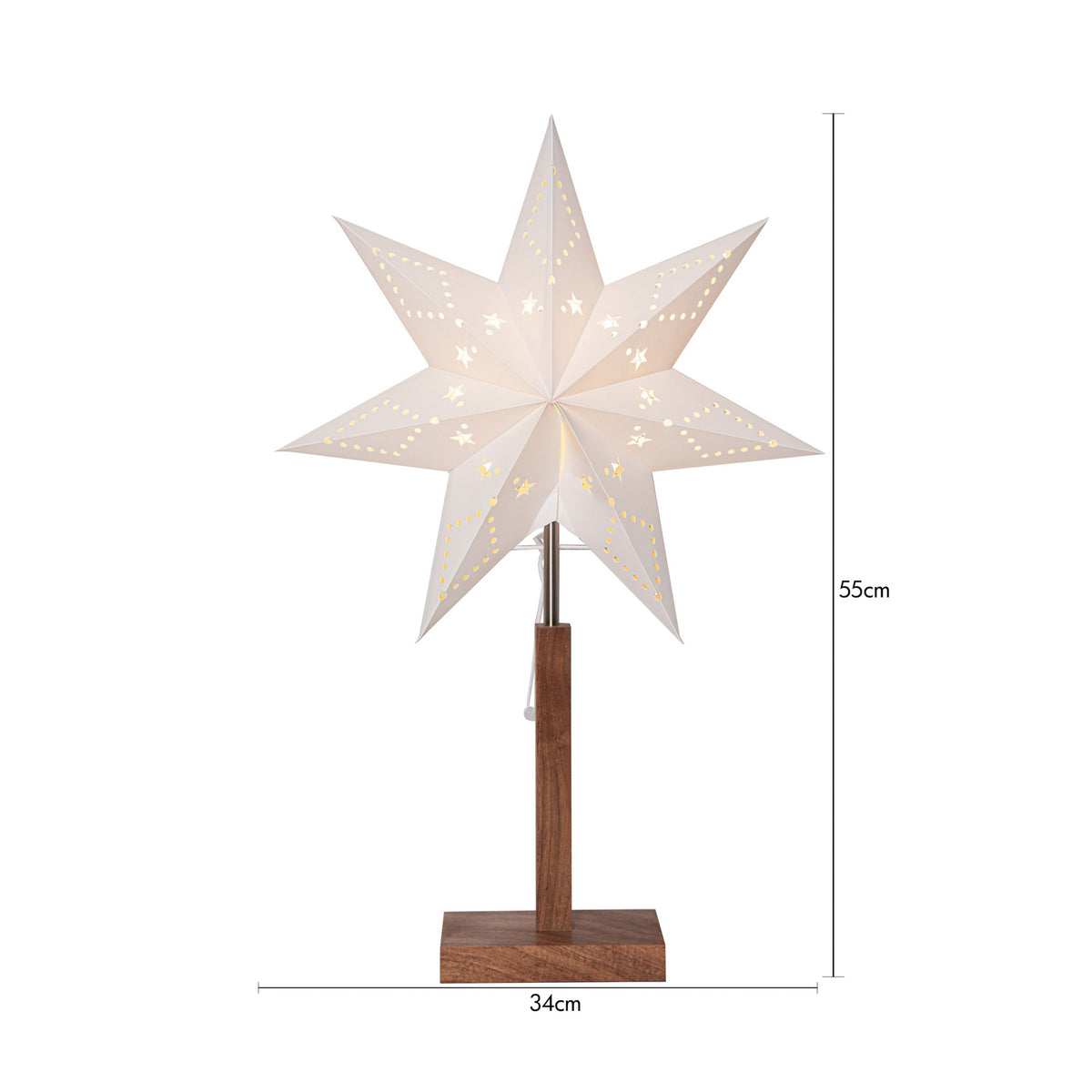 Bordlampe julestjerne papir og akasietre 55 cm hvit nærbilde av akasietre fot