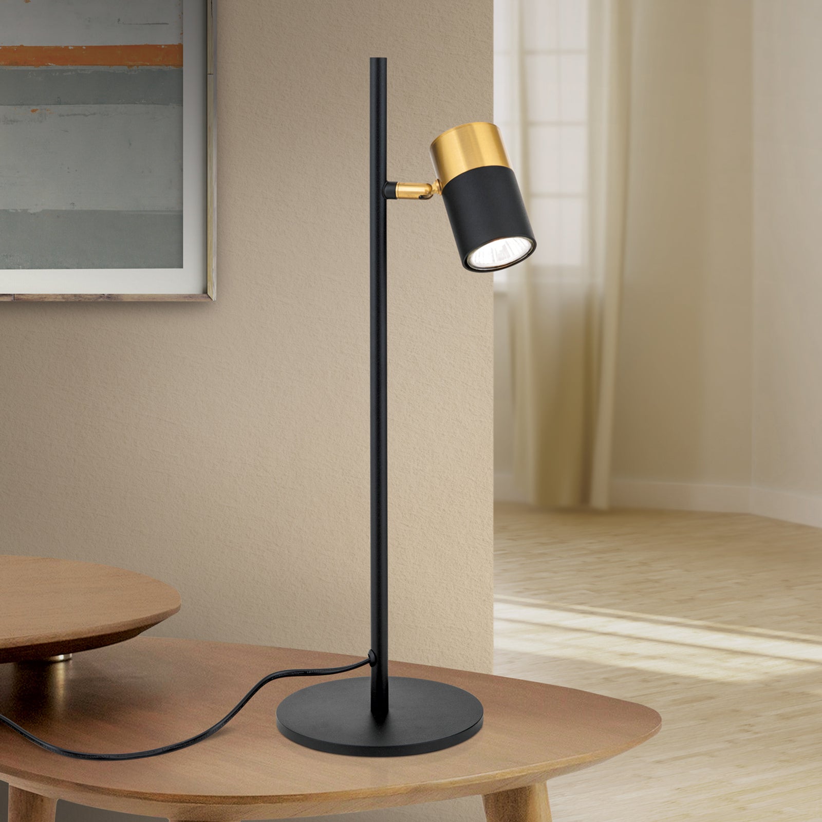 Bordlampe Kevin svingbar spot svart/gull GU10 forfra