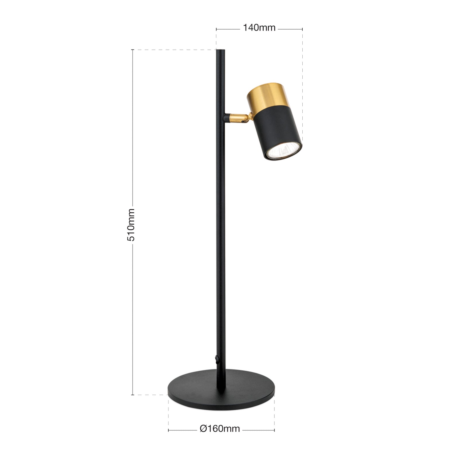 Bordlampe Kevin svingbar spot svart/gull GU10 montert på bord
