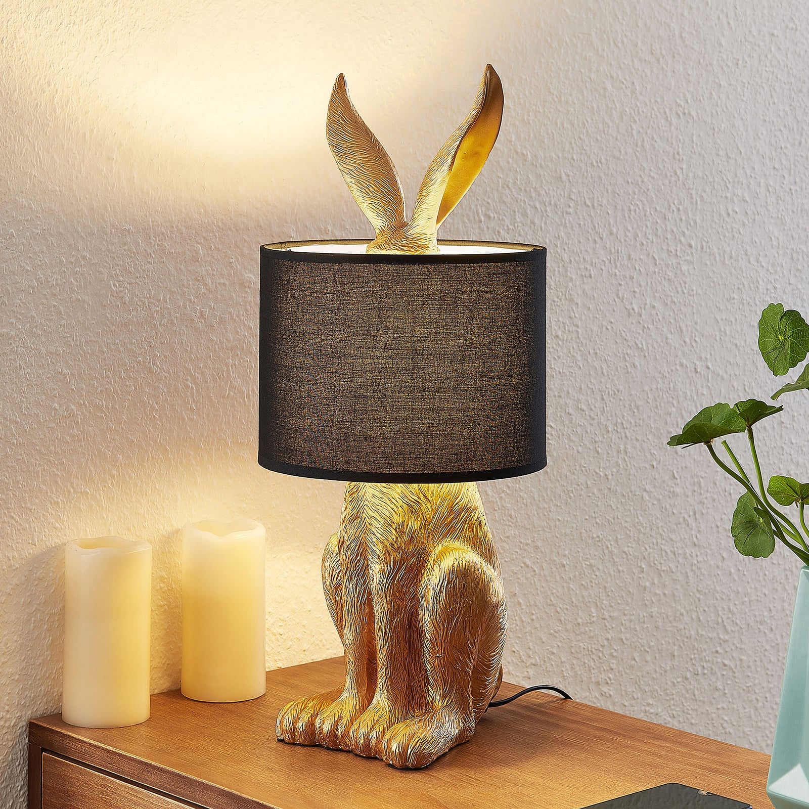 Bordlampe Lorentina harефigur tekstilskjerm forfra 57 cm gull/svart