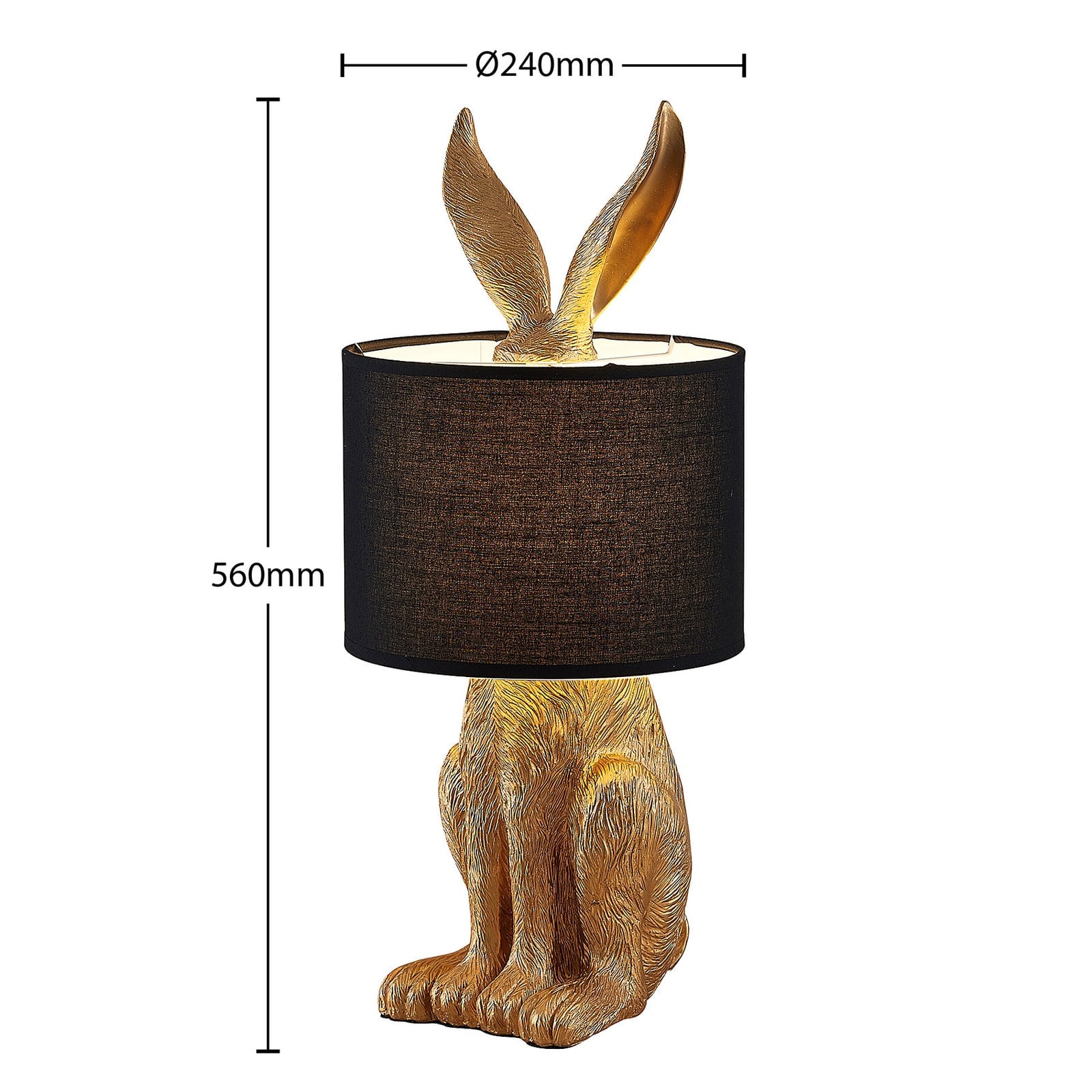 Nærbilde av tekstilskjerm på Bordlampe Lorentina 57 cm gull/svart