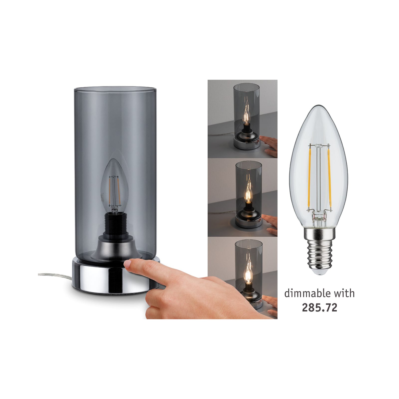 Bordlampe Pinja røykgrå glass krom E14 H24 cm forfra
