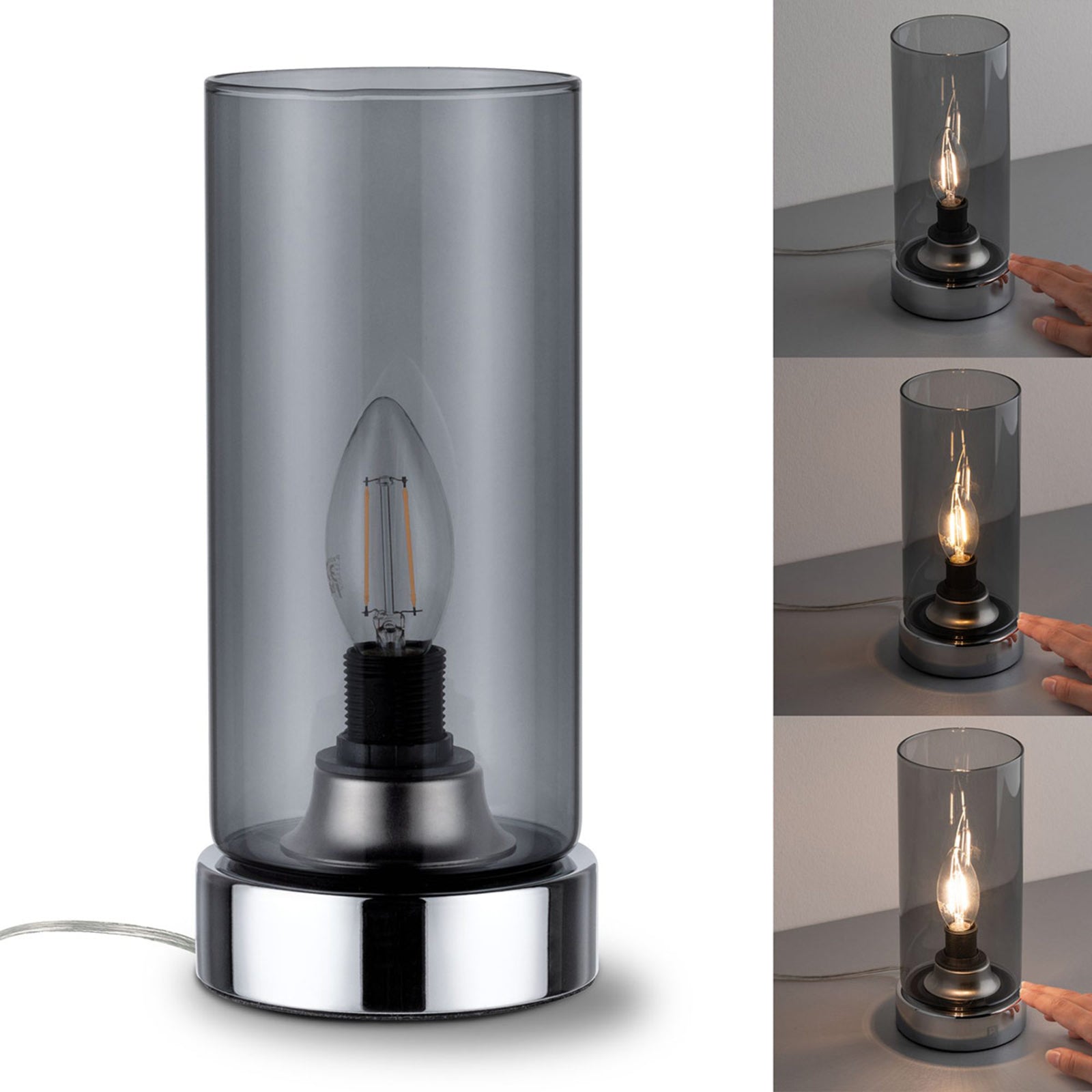 Bordlampe Pinja røykgrå glass krom E14 H24 cm bakside