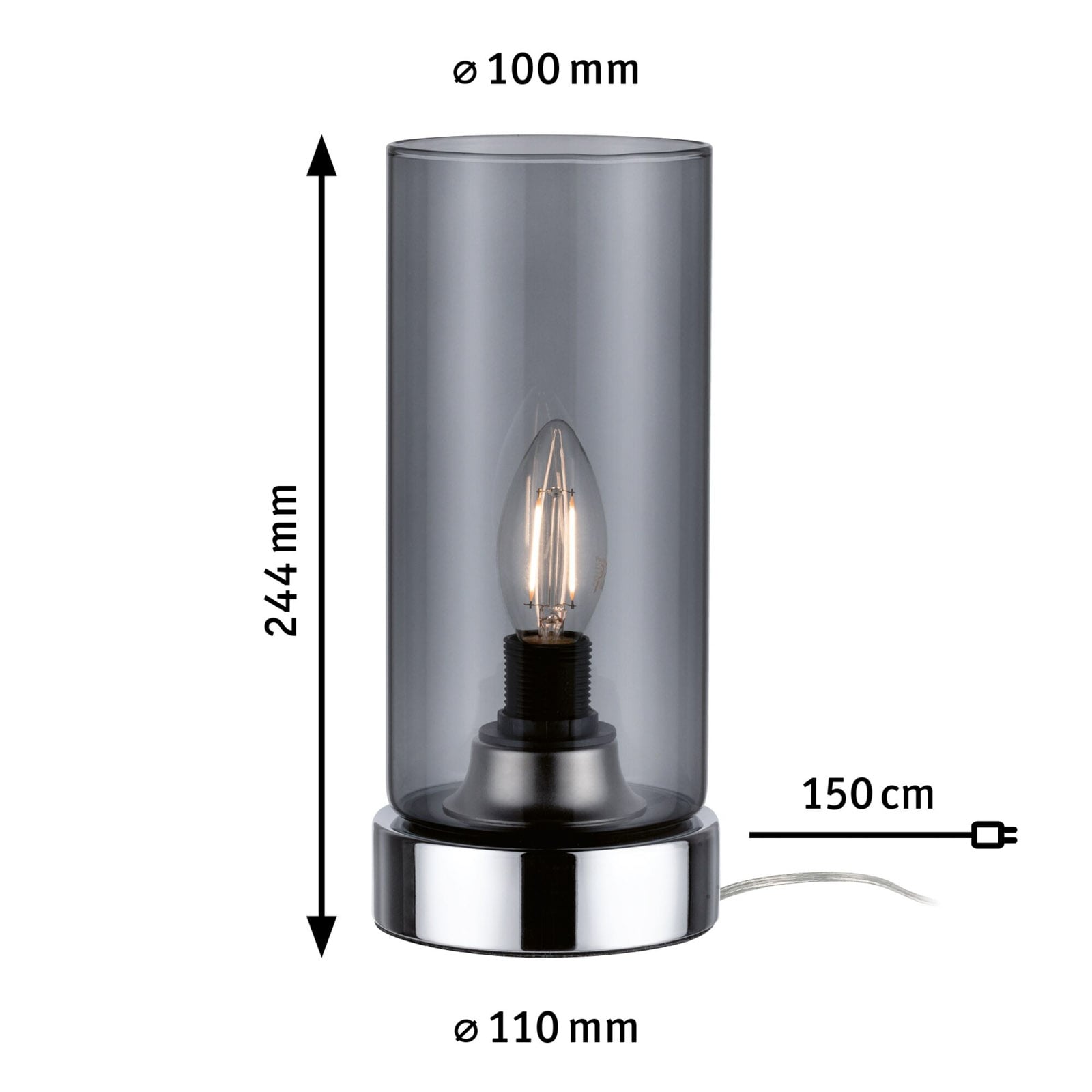 Bordlampe Pinja røykgrå glass krom E14 H24 cm montert
