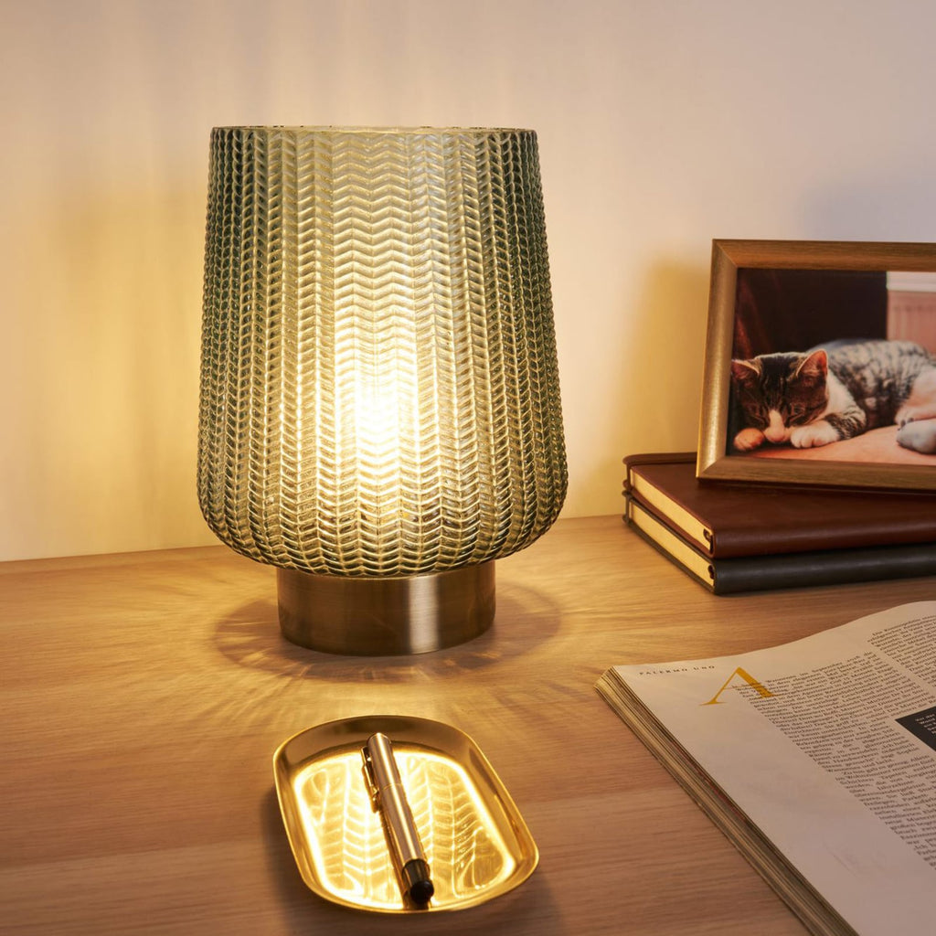 Bordlampe Pretty Glamour batteridrevet glass turkis/messing bakside