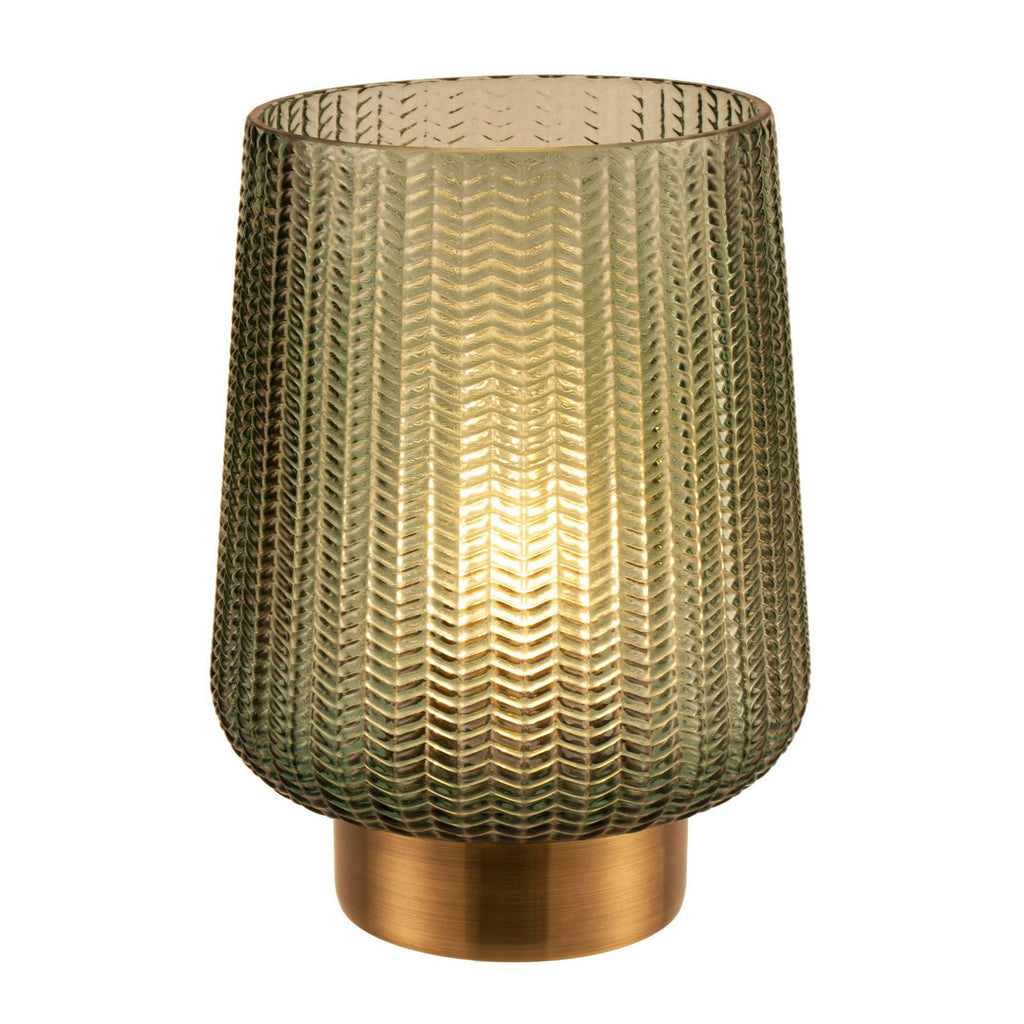 Bordlampe Pretty Glamour batteridrevet glass turkis/messing montert i stue