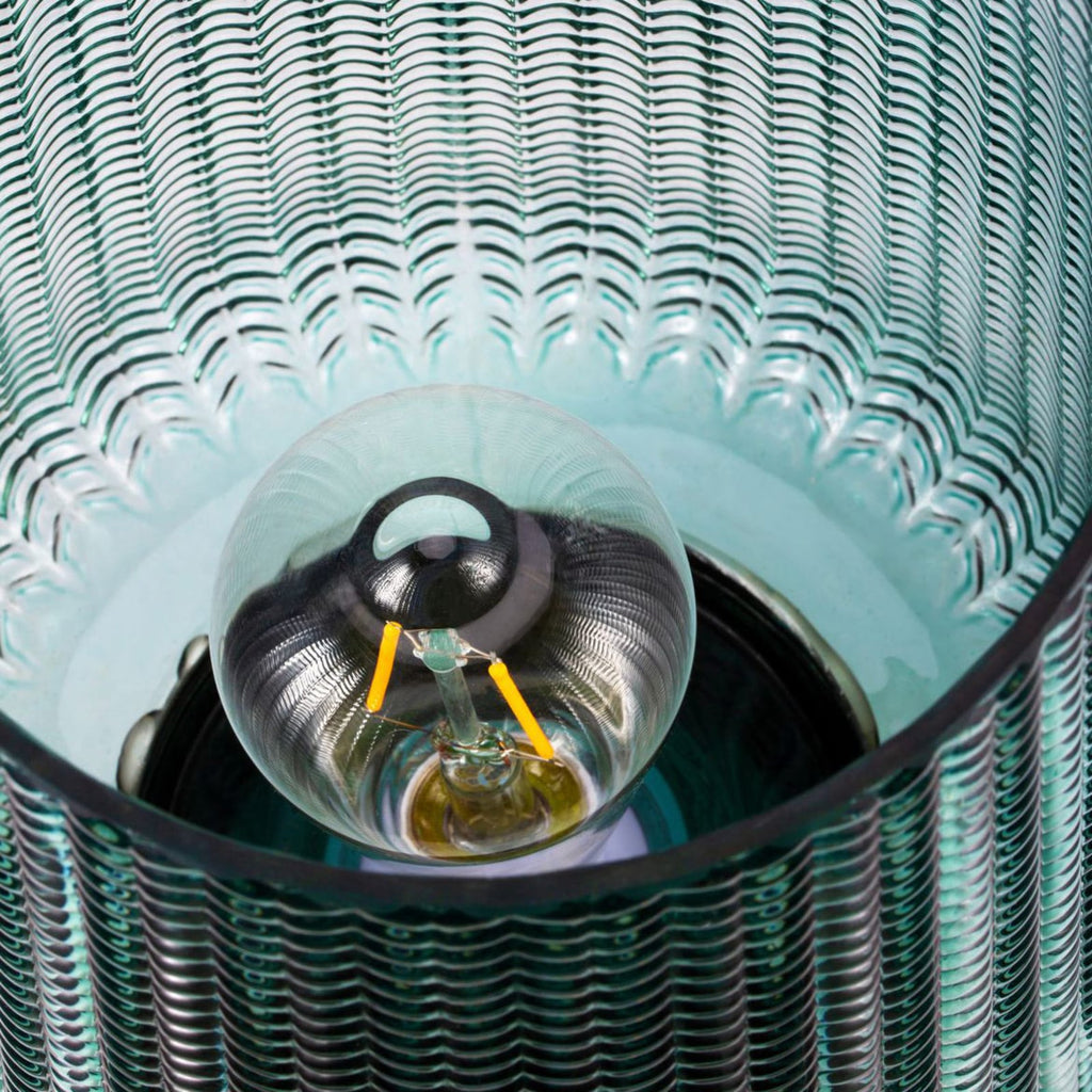 Bordlampe Pretty Glamour batteridrevet glass turkis/messing sett ovenfra