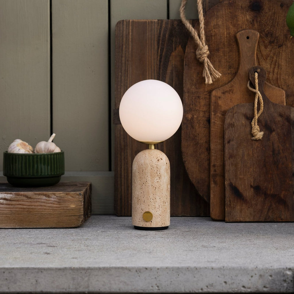Bordlampe Torrano oppladbar travertin beige dimbar G4 bakside