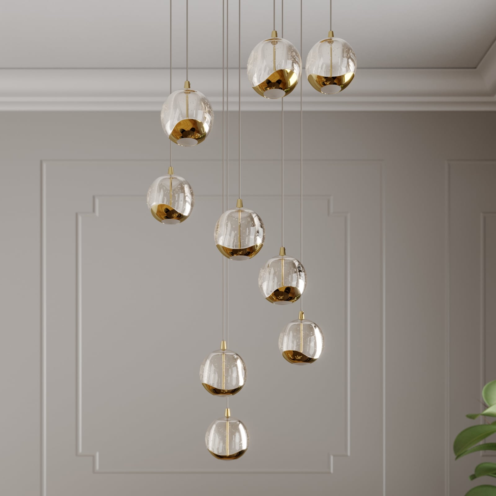 Detalj av LED pendellampe Hayley 9-lys glass og gull