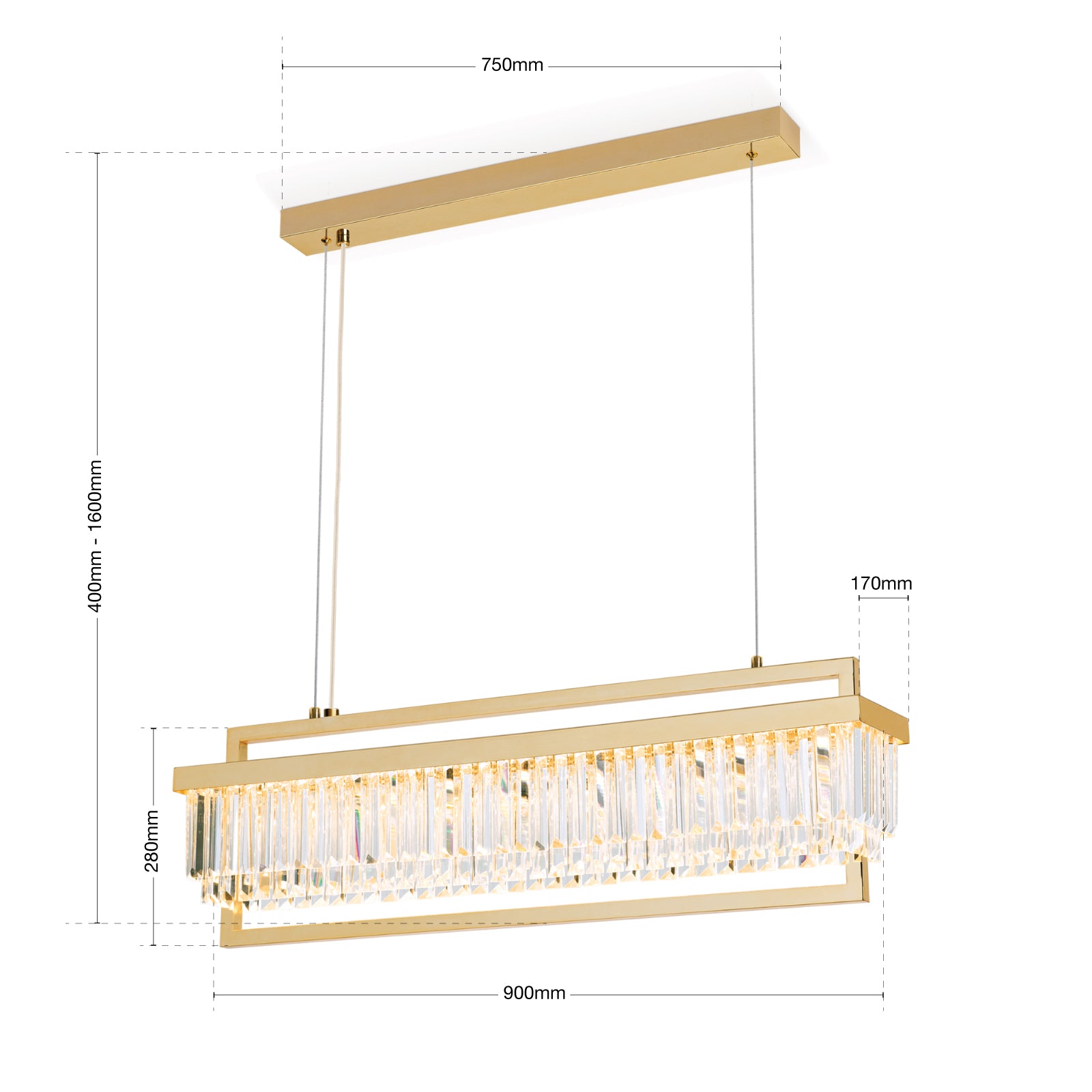 LED pendellampe Prism krystallglass gull 90 cm dimbar detalj av metallramme