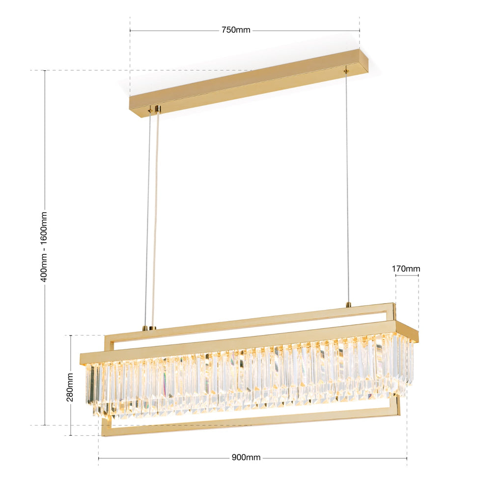 LED pendellampe Prism krystallglass gull 90 cm dimbar detalj av metallramme