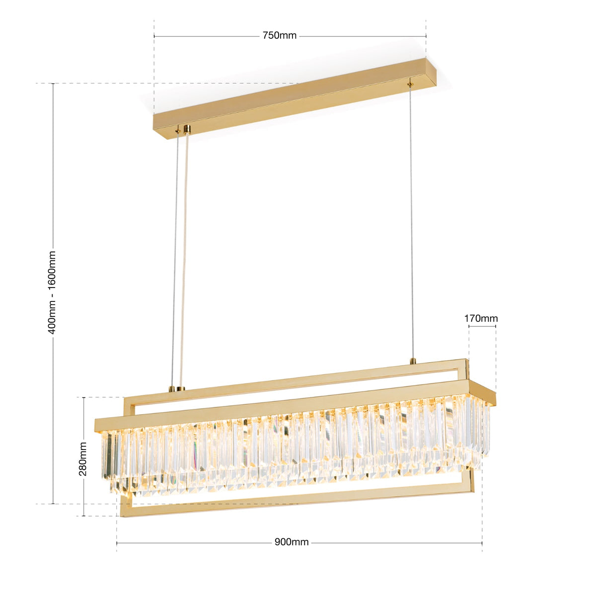 LED pendellampe Prism krystallglass gull 90 cm dimbar detalj av metallramme