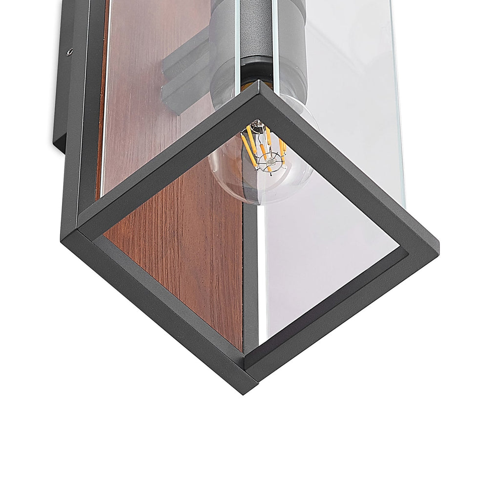 Detalj av trelook-element i Utevegglampe Elwin 2-lys E27 grafitt klarglass IP54