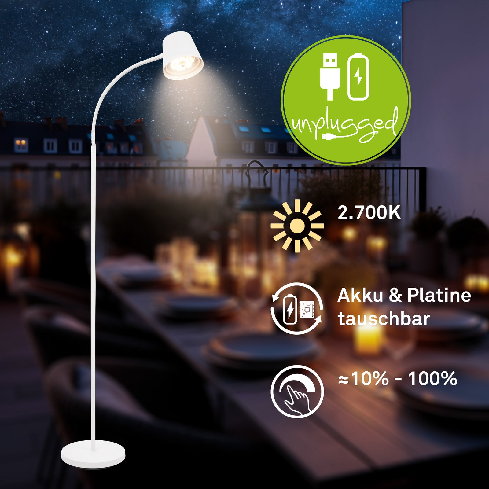 Dimmefunksjon på LED gulvlampe Cielo oppladbar hvit
