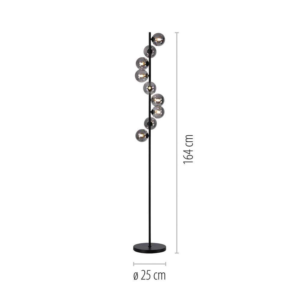 Gulvlampe Dubai 9-lys røykglass kuleform detalj av glasskuler