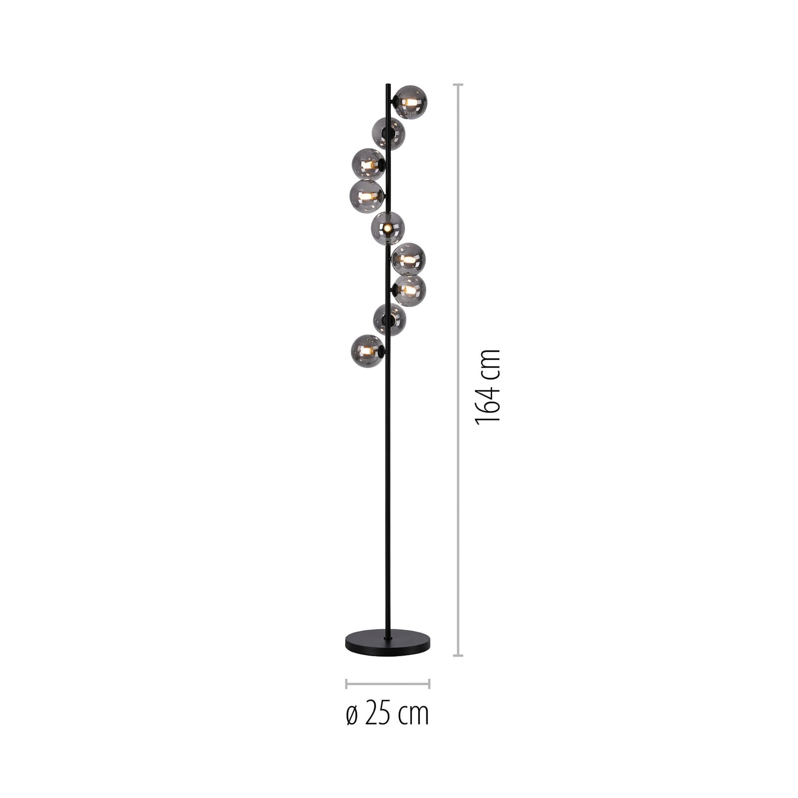 Gulvlampe Dubai 9-lys røykglass kuleform detalj av glasskuler
