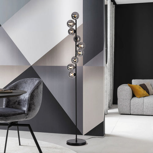 Gulvlampe Dubai 9-lys røykglass kuleform forfra
