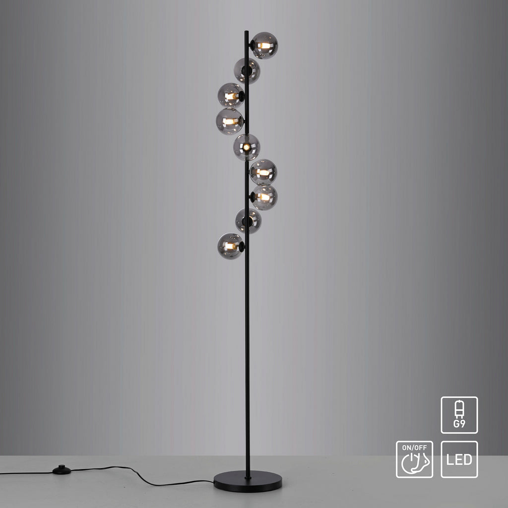 Gulvlampe Dubai 9-lys røykglass kuleform fotbryter