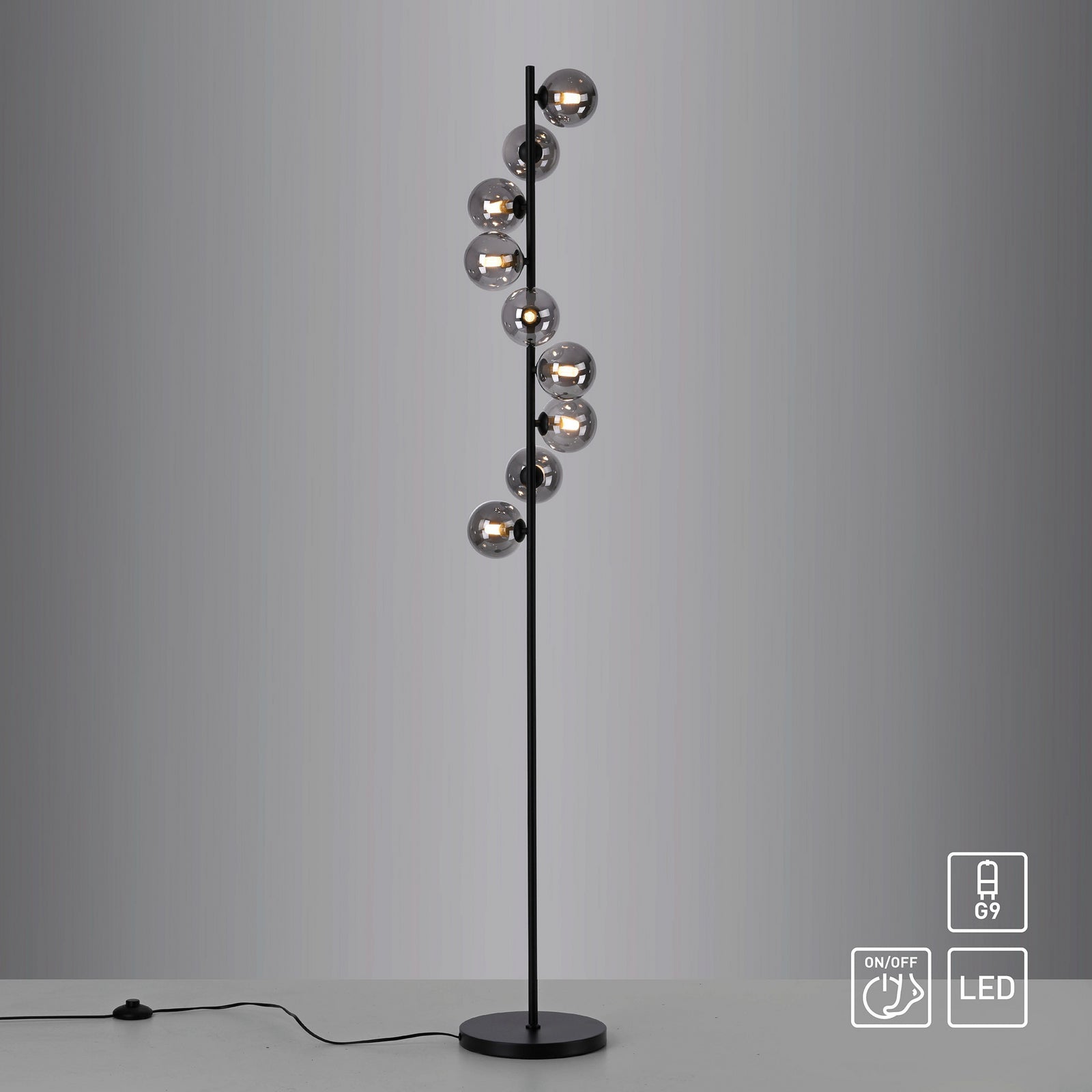 Gulvlampe Dubai 9-lys røykglass kuleform fotbryter