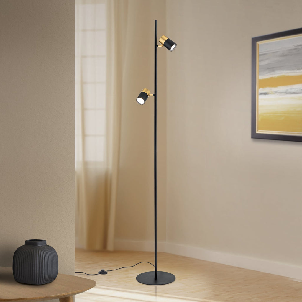 Gulvlampe Kevin 2-lys svart/gull GU10 161 cm forfra