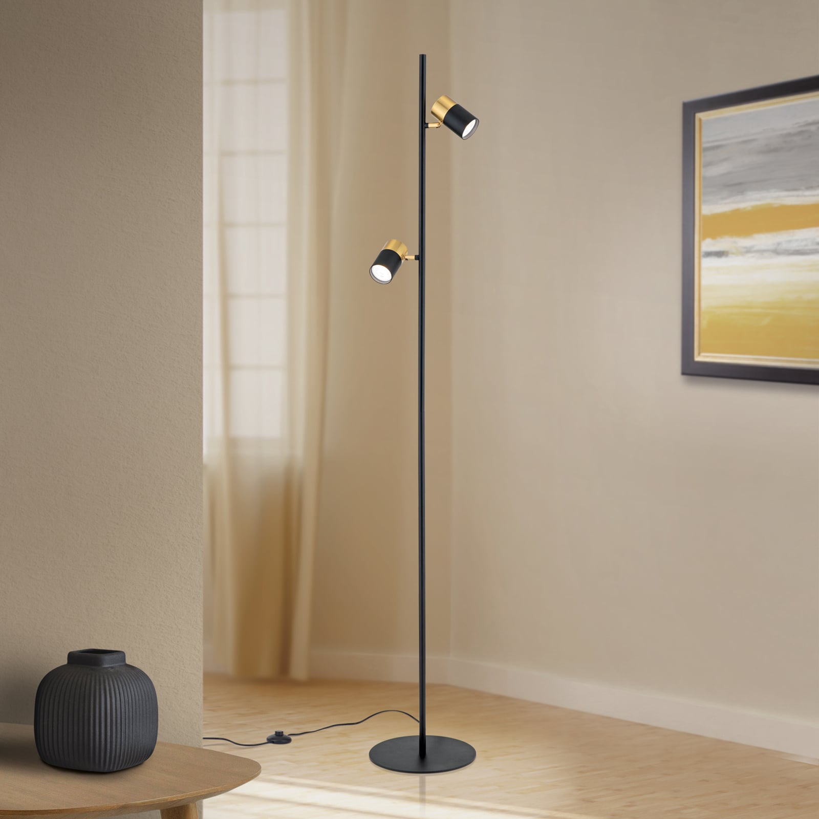Gulvlampe Kevin 2-lys svart/gull GU10 161 cm forfra