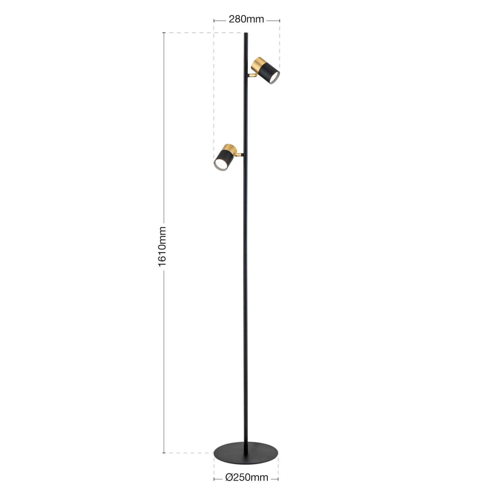 Nærbilde av fotbryter på Gulvlampe Kevin 2-lys svart/gull GU10 161 cm